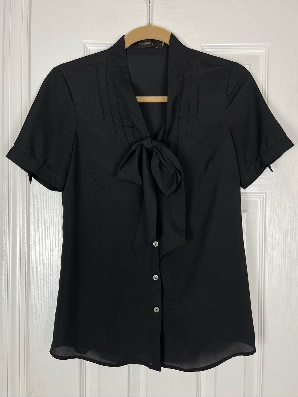 The Limited Classic Black Semi-Sheer Short Sleeve Button Up Blouse with Tie XS